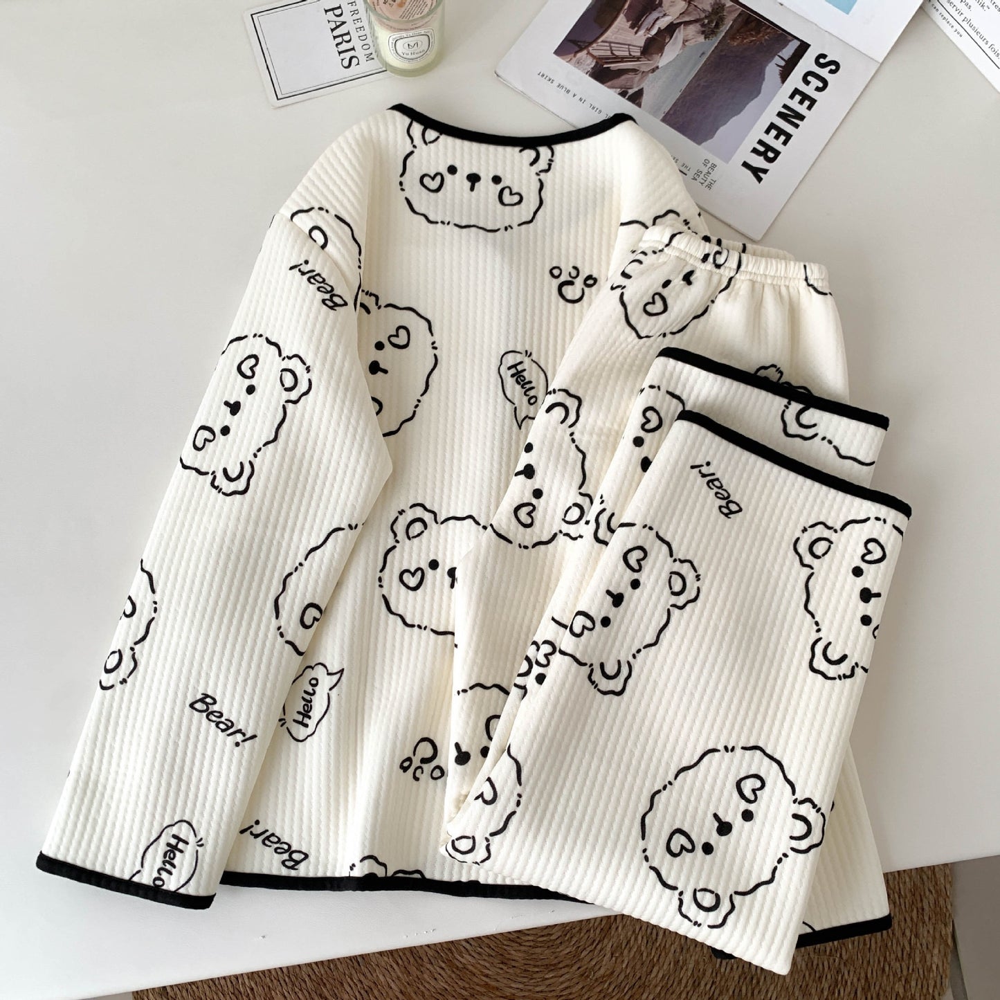 Korean Style Winter Air Cotton Pajama Set – Cute Bunny & Bear Print Cozy Homewear