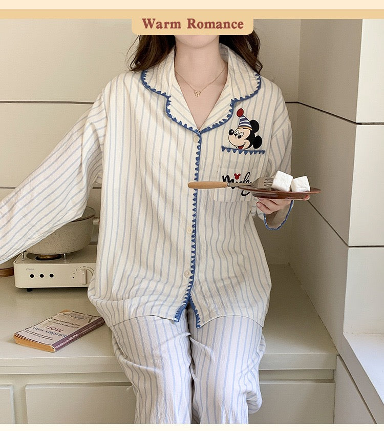 Built-in-Bra Mickey Stripe Cotton Nightsuit Set – Cute Full Sleeve Lounge Wear (2-Piece Set)