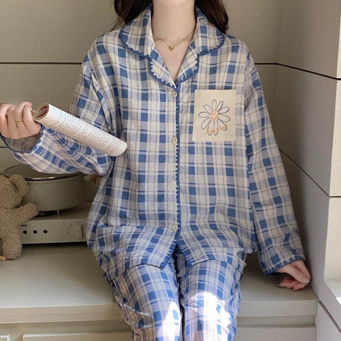 Built -in -Bra Premium Blue Check Cotton Nightsuit with Daisy Pocket – 2 Piece Set