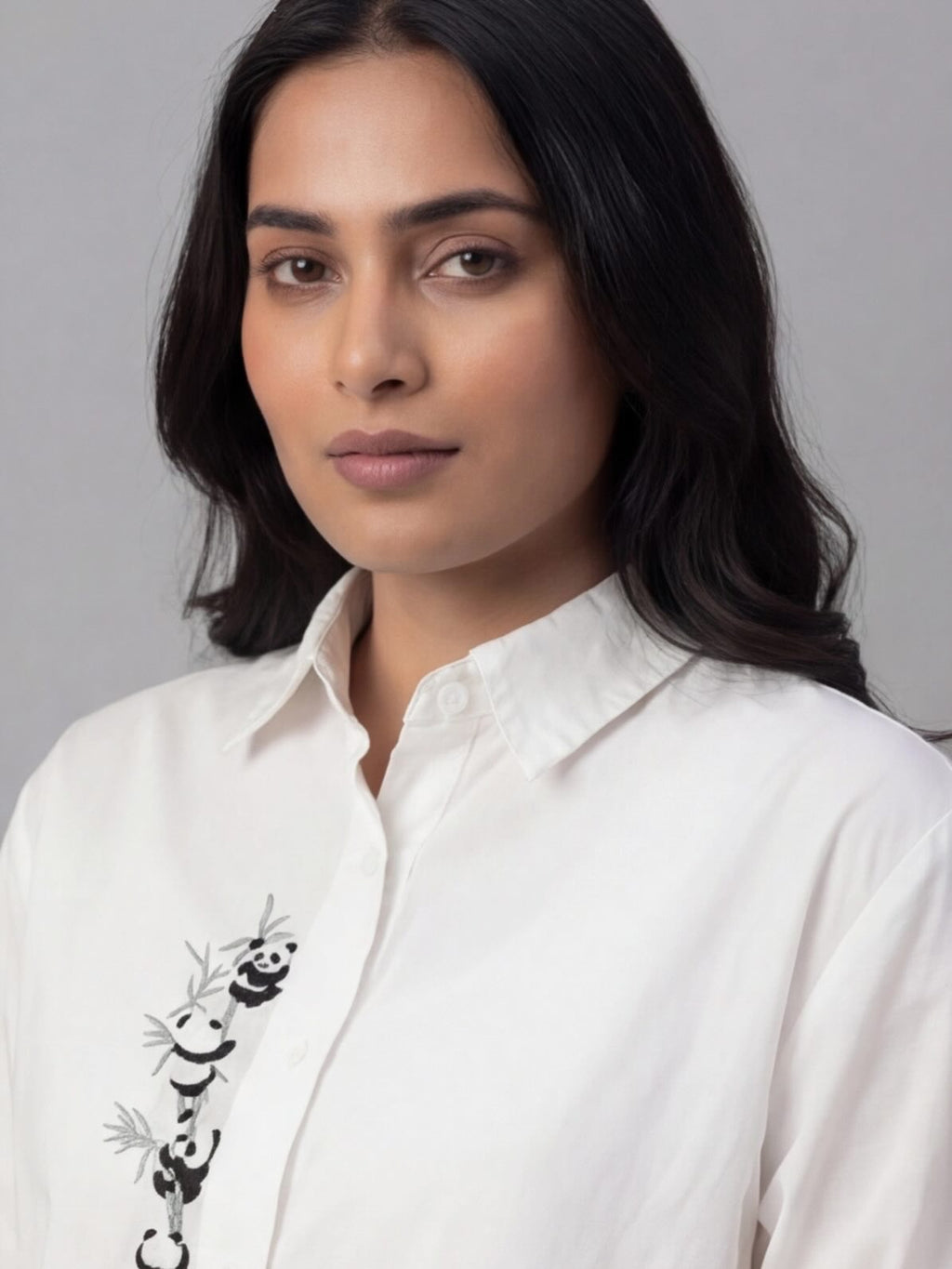 White Cotton Shirt with Cute Panda Embroidery Detail