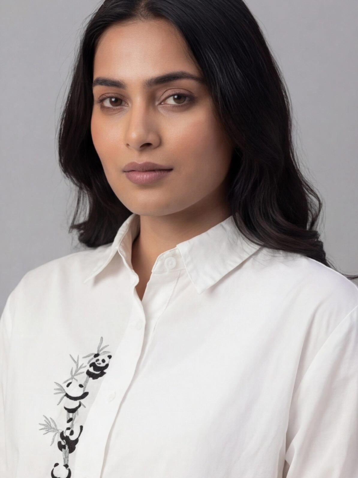 White Cotton Shirt with Cute Panda Embroidery Detail
