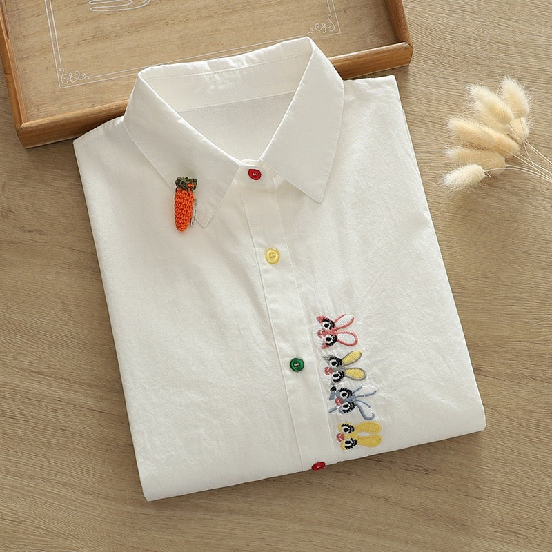 White Pure Cotton Embroidered Shirt with Cute Rabbits.