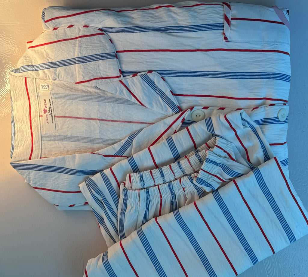 Built-in-Bra Strawberry Bunny Striped Cotton Crepe Nightsuit Set