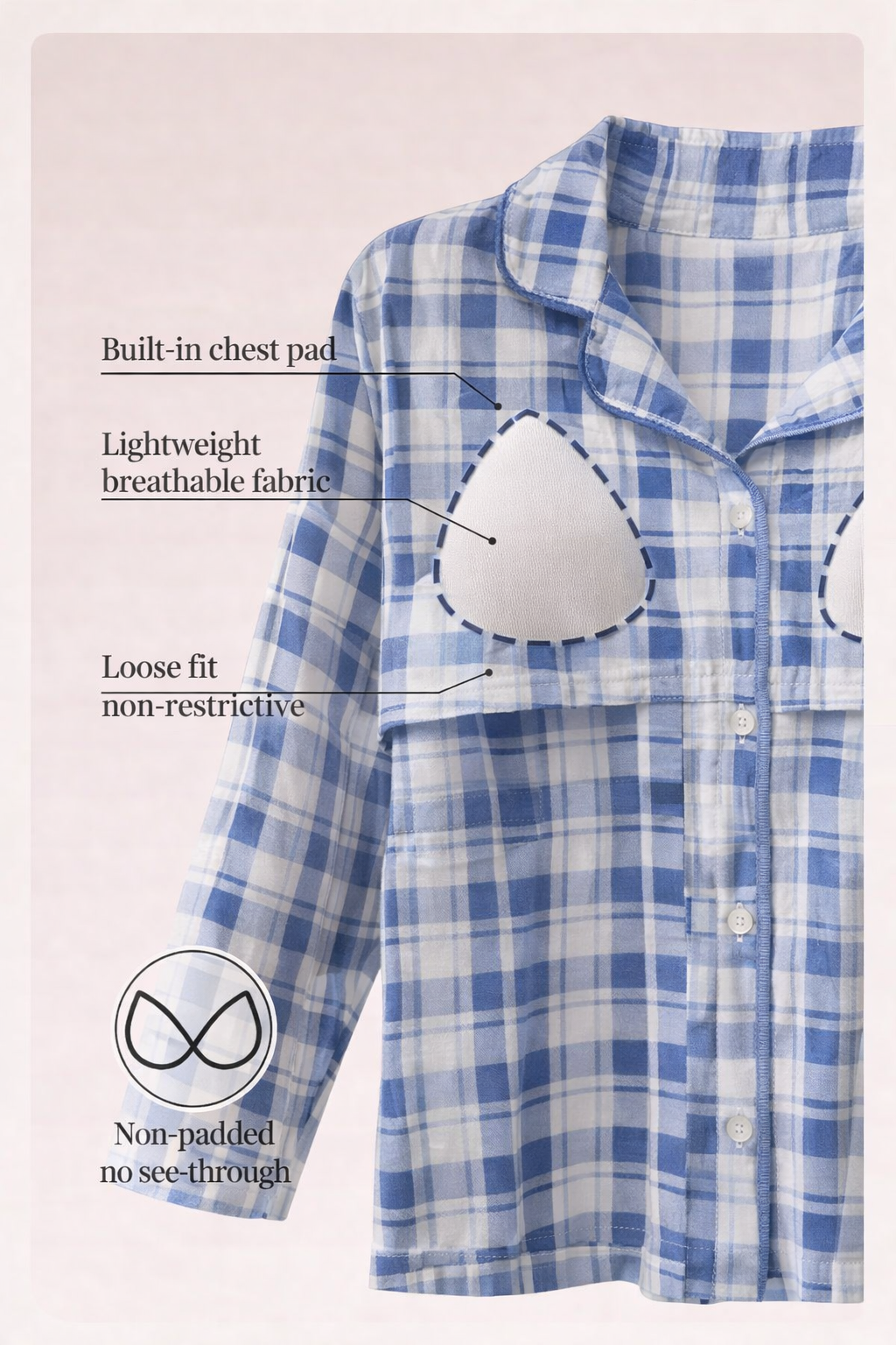 Built -in -Bra Premium Blue Check Cotton Nightsuit with Daisy Pocket – 2 Piece Set