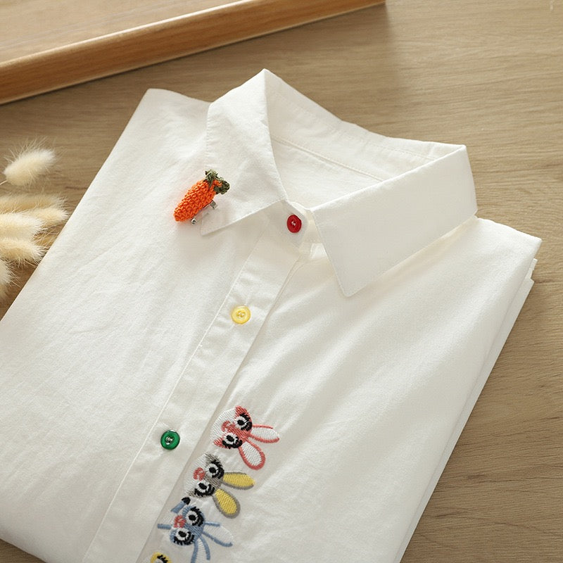 White Pure Cotton Embroidered Shirt with Cute Rabbits.
