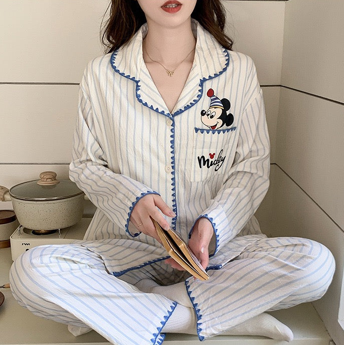 Built-in-Bra Mickey Stripe Cotton Nightsuit Set – Cute Full Sleeve Lounge Wear (2-Piece Set)