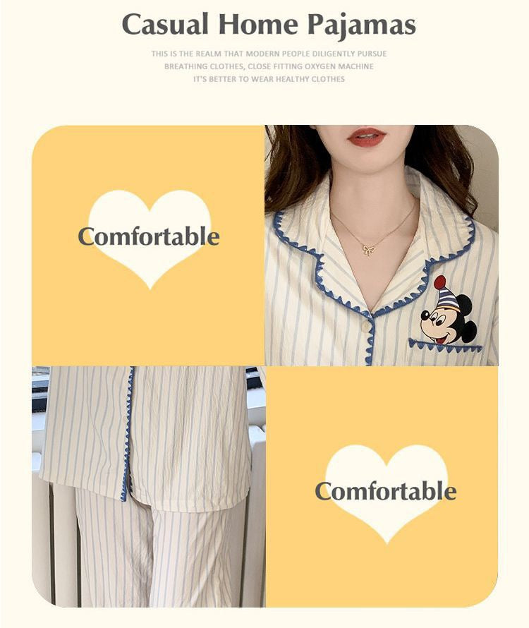 Built-in-Bra Mickey Stripe Cotton Nightsuit Set – Cute Full Sleeve Lounge Wear (2-Piece Set)