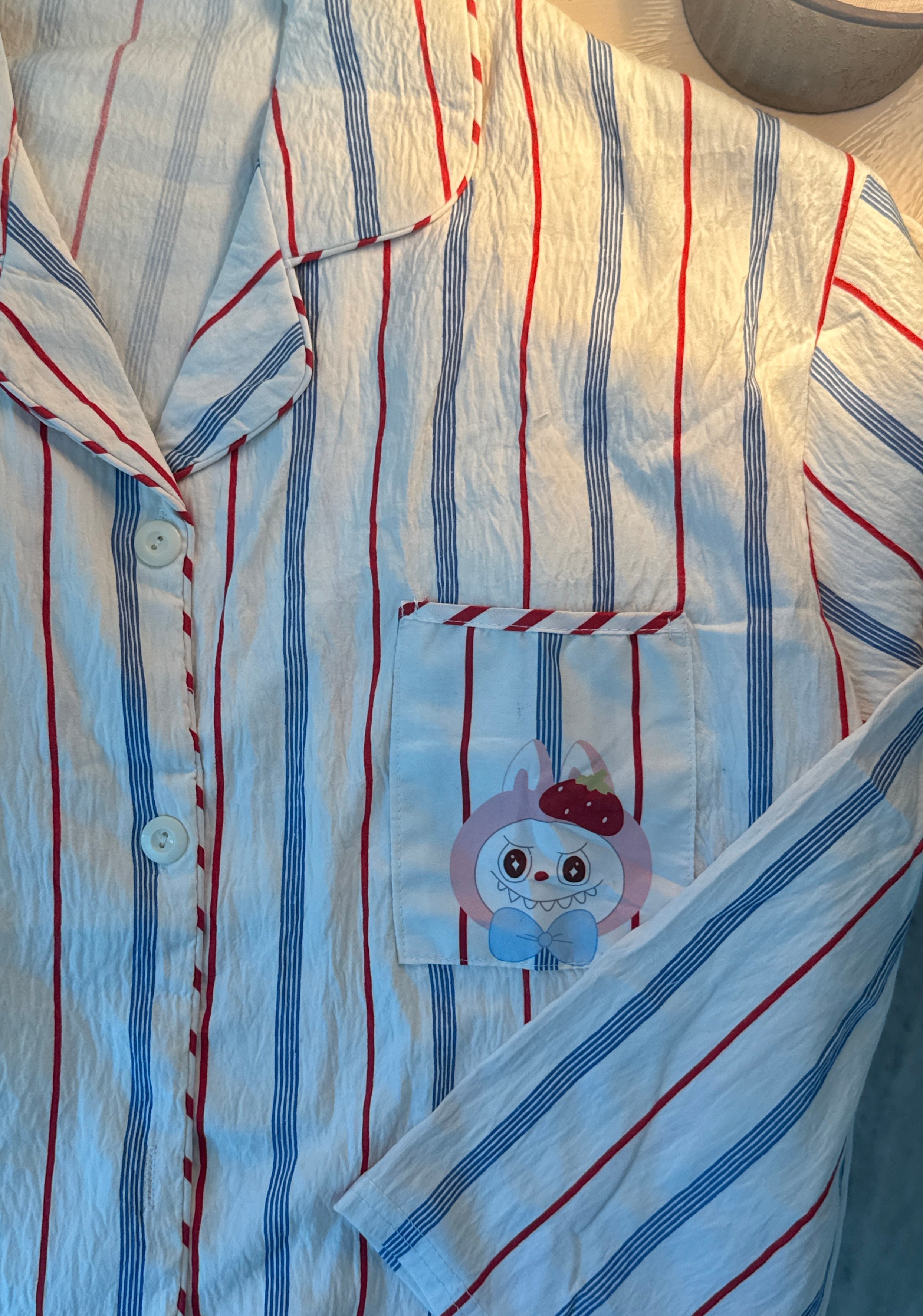 Built-in-Bra Strawberry Bunny Striped Cotton Crepe Nightsuit Set