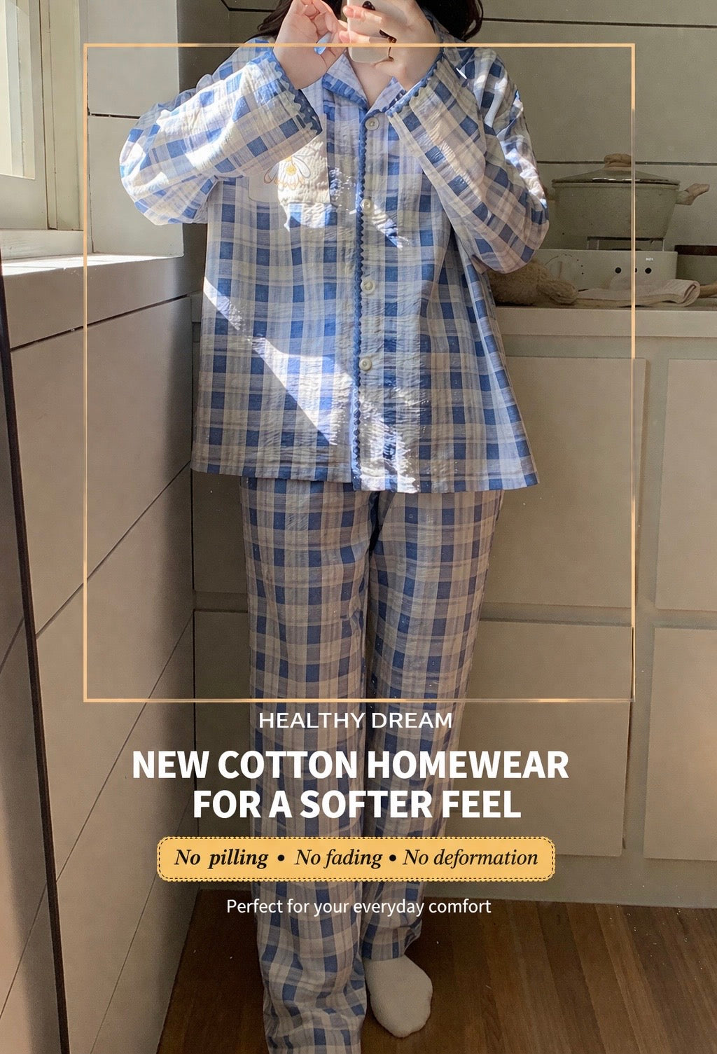 Built -in -Bra Premium Blue Check Cotton Nightsuit with Daisy Pocket – 2 Piece Set