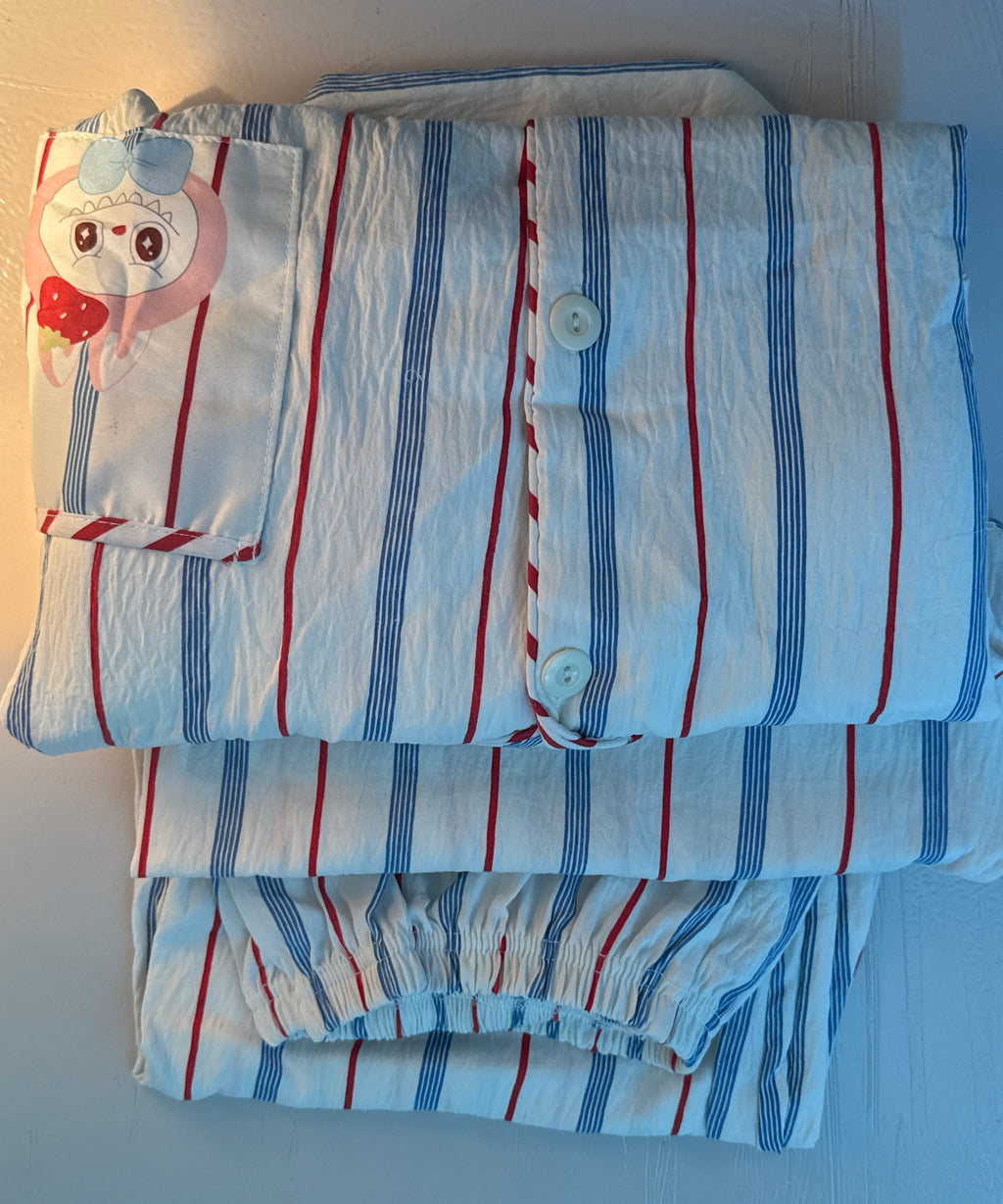 Built-in-Bra Strawberry Bunny Striped Cotton Crepe Nightsuit Set