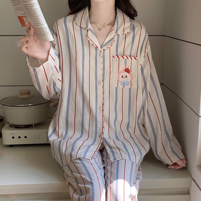 Built-in-Bra Strawberry Bunny Striped Cotton Crepe Nightsuit Set