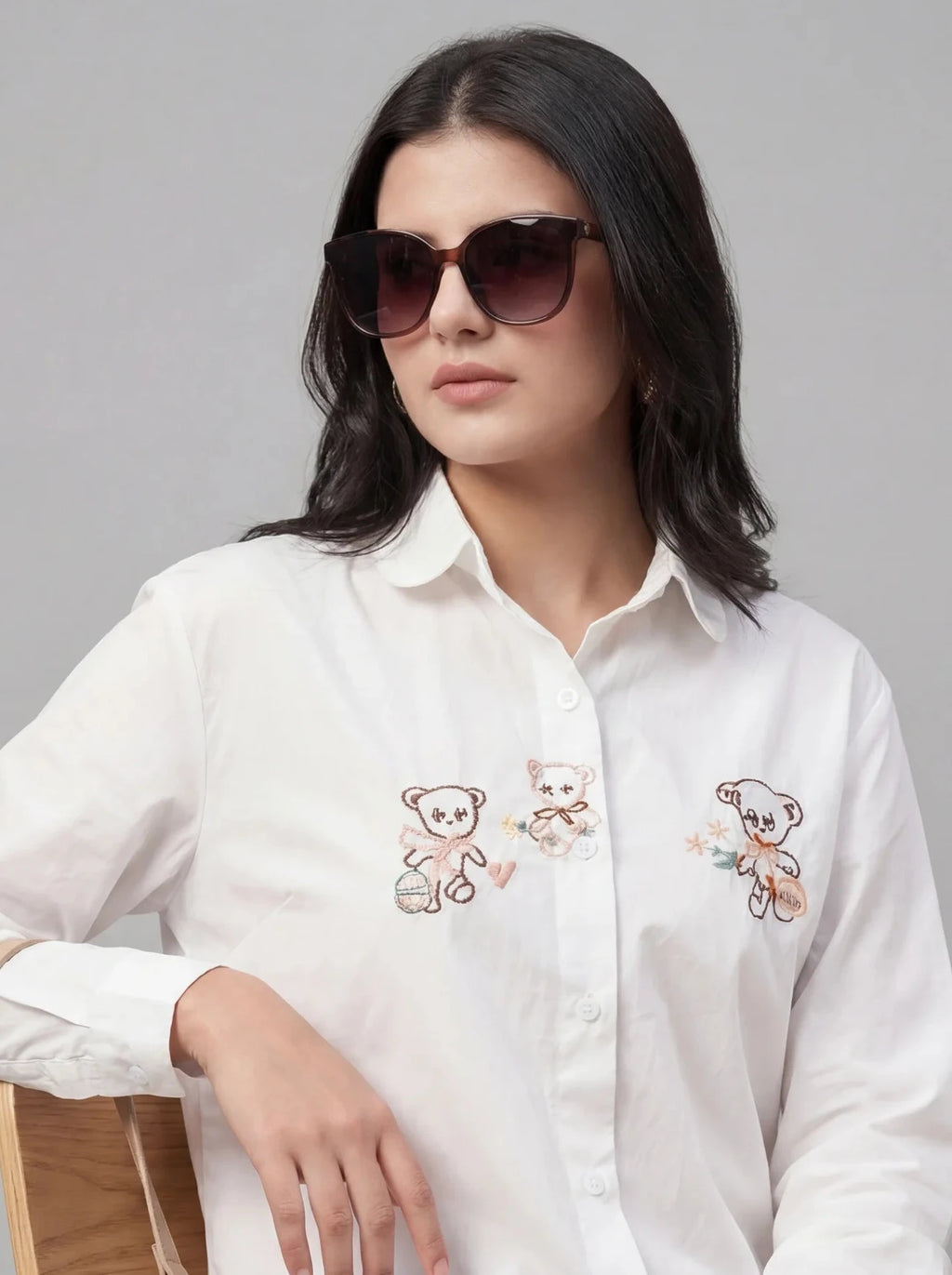 White Cotton Shirt with Cute Bear Embroidery