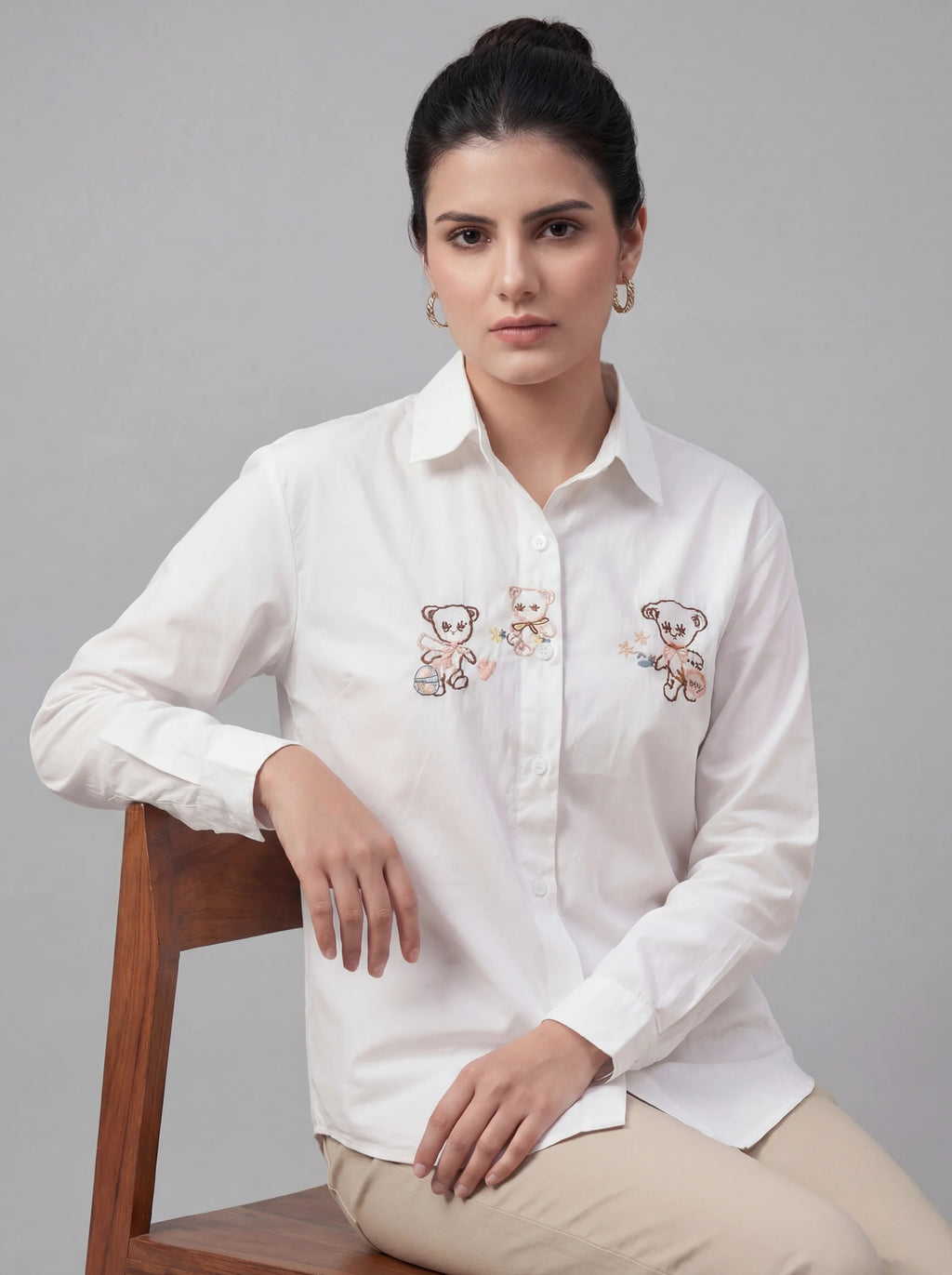 White Cotton Shirt with Cute Bear Embroidery