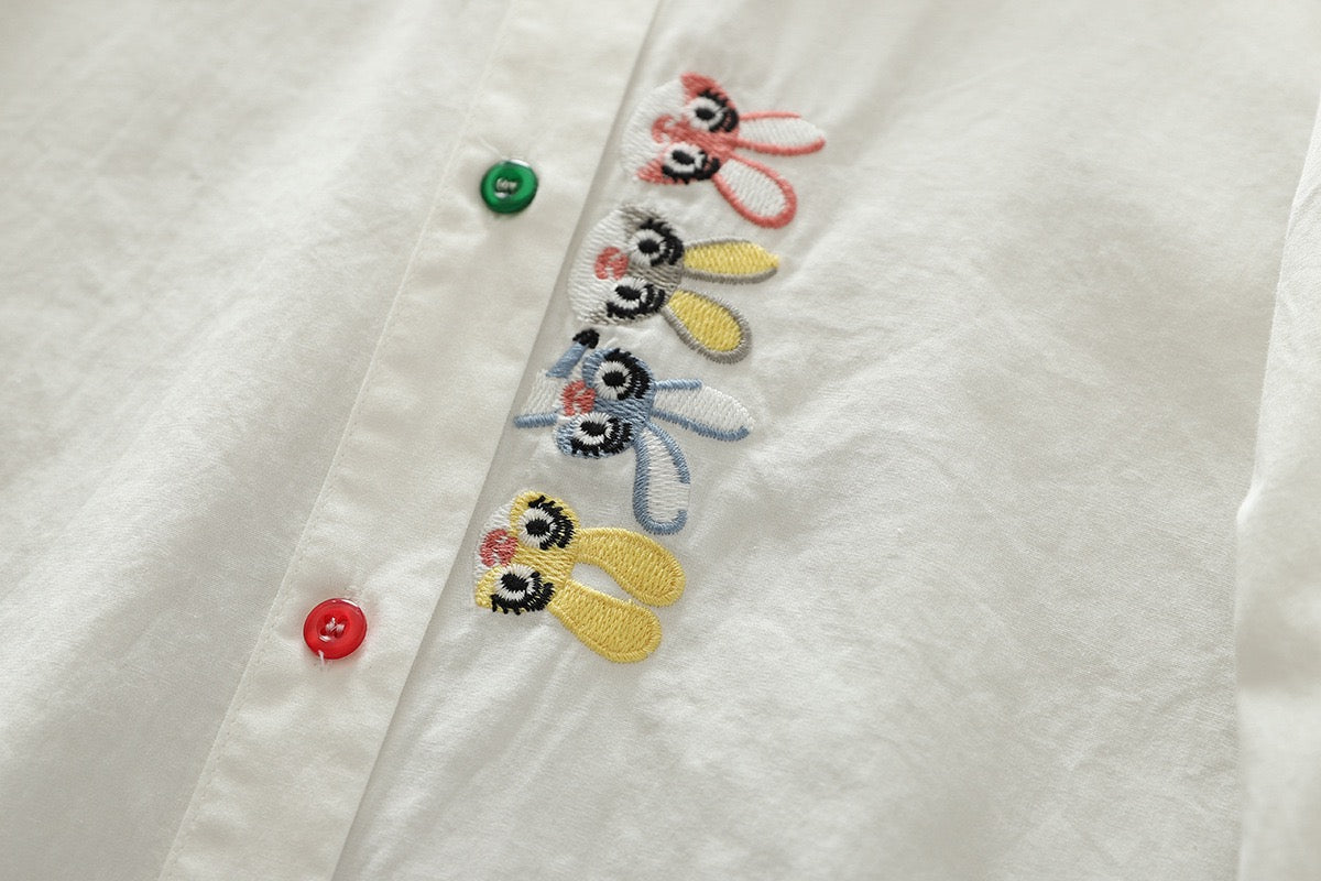 White Pure Cotton Embroidered Shirt with Cute Rabbits.