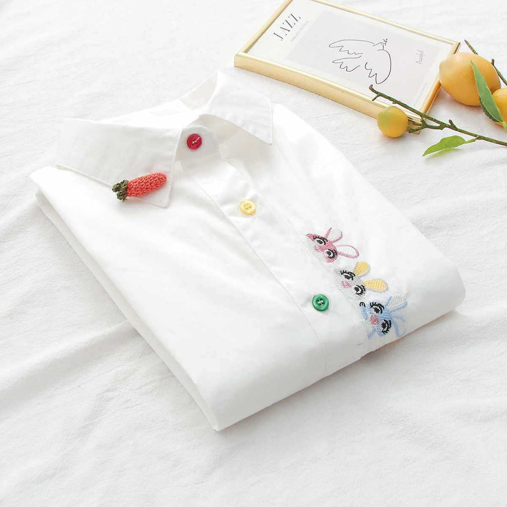 White Pure Cotton Embroidered Shirt with Cute Rabbits.