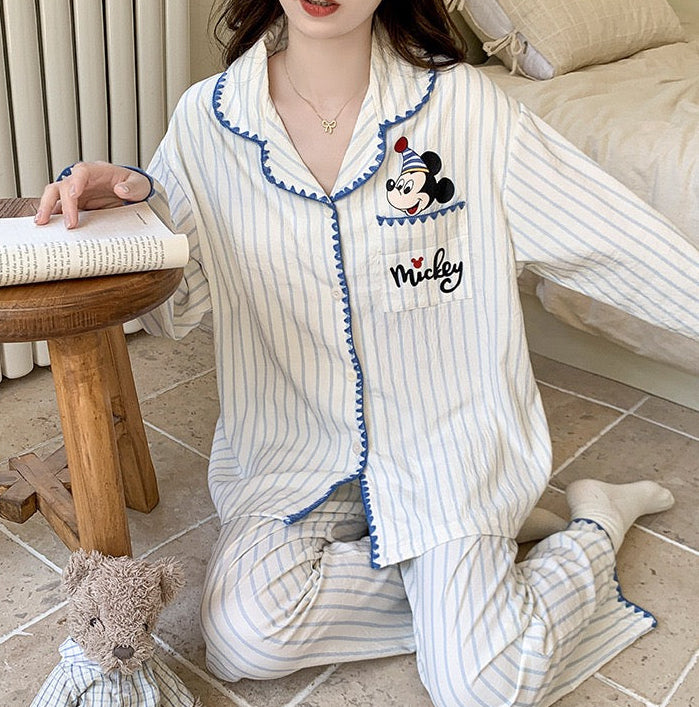 Built-in-Bra Mickey Stripe Cotton Nightsuit Set – Cute Full Sleeve Lounge Wear (2-Piece Set)