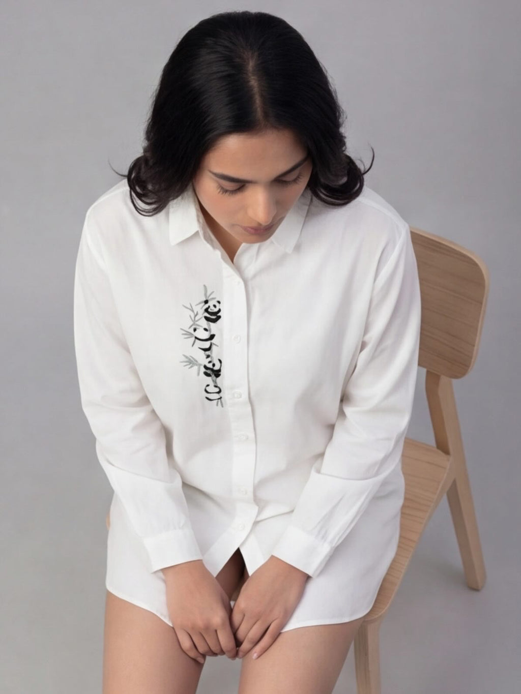 White Cotton Shirt with Cute Panda Embroidery Detail