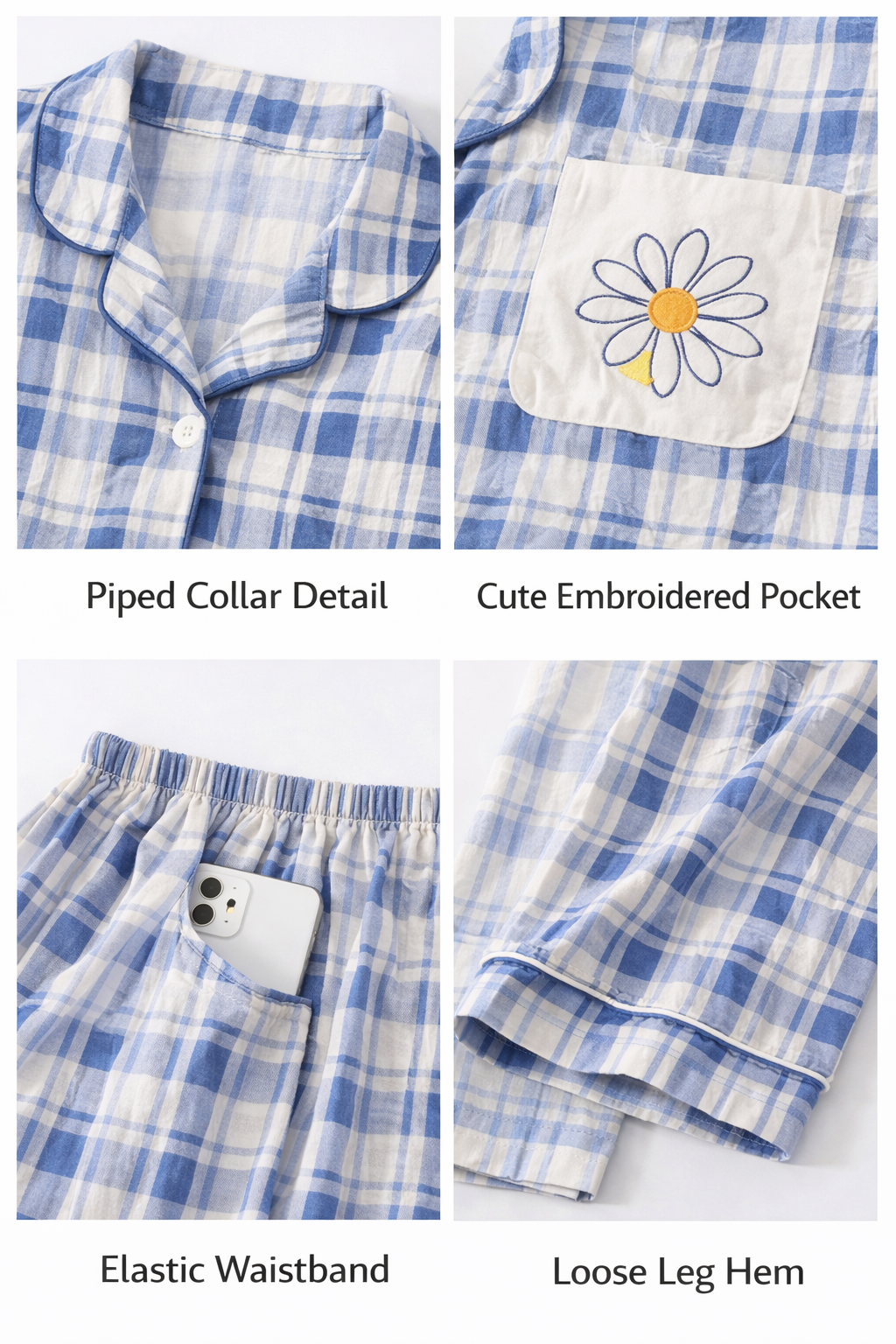 Built -in -Bra Premium Blue Check Cotton Nightsuit with Daisy Pocket – 2 Piece Set