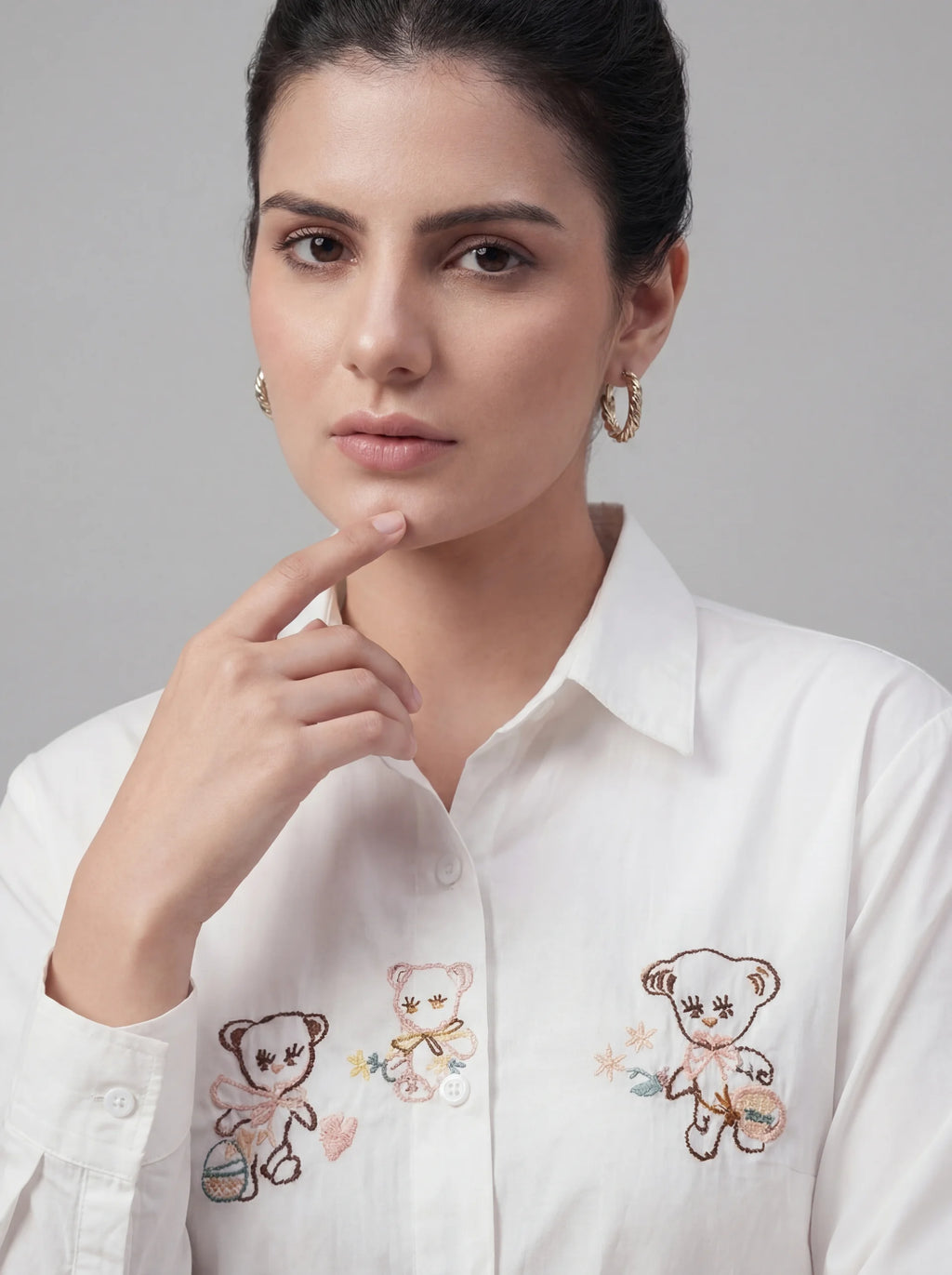 White Cotton Shirt with Cute Bear Embroidery