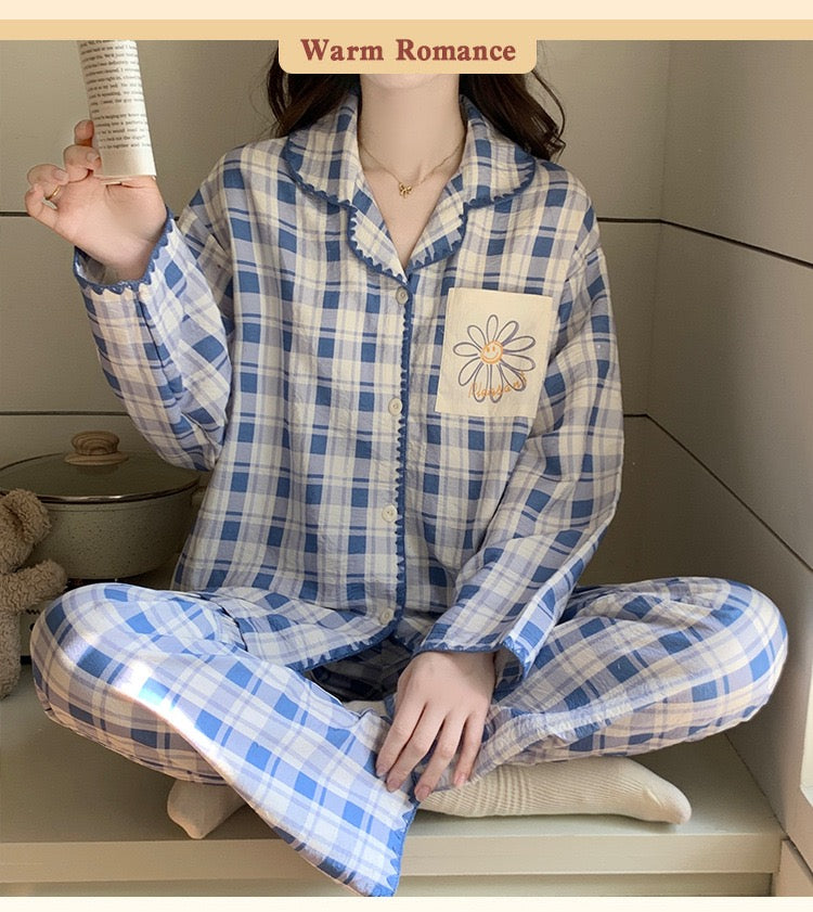 Built -in -Bra Premium Blue Check Cotton Nightsuit with Daisy Pocket – 2 Piece Set