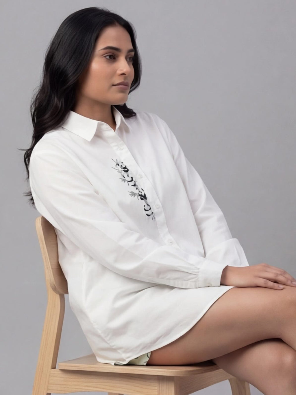 White Cotton Shirt with Cute Panda Embroidery Detail