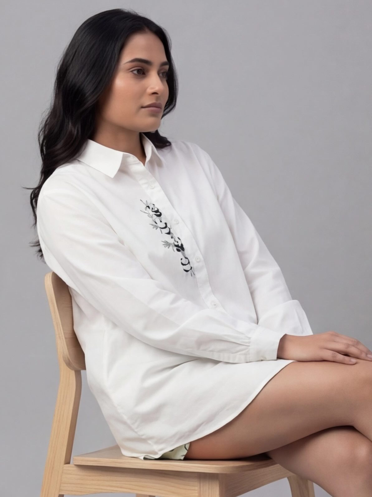 White Cotton Shirt with Cute Panda Embroidery Detail