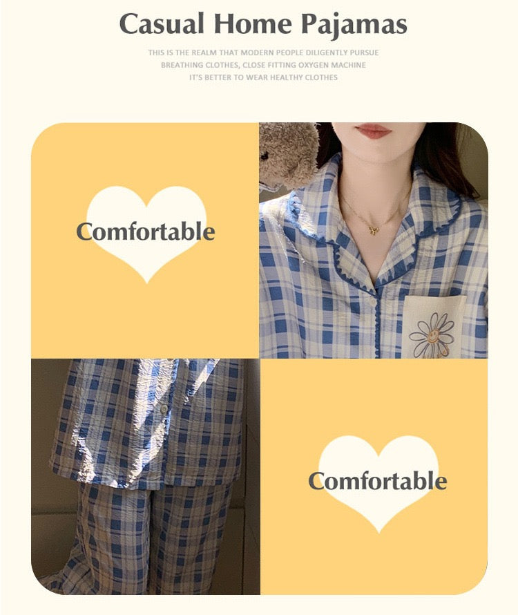 Built -in -Bra Premium Blue Check Cotton Nightsuit with Daisy Pocket – 2 Piece Set