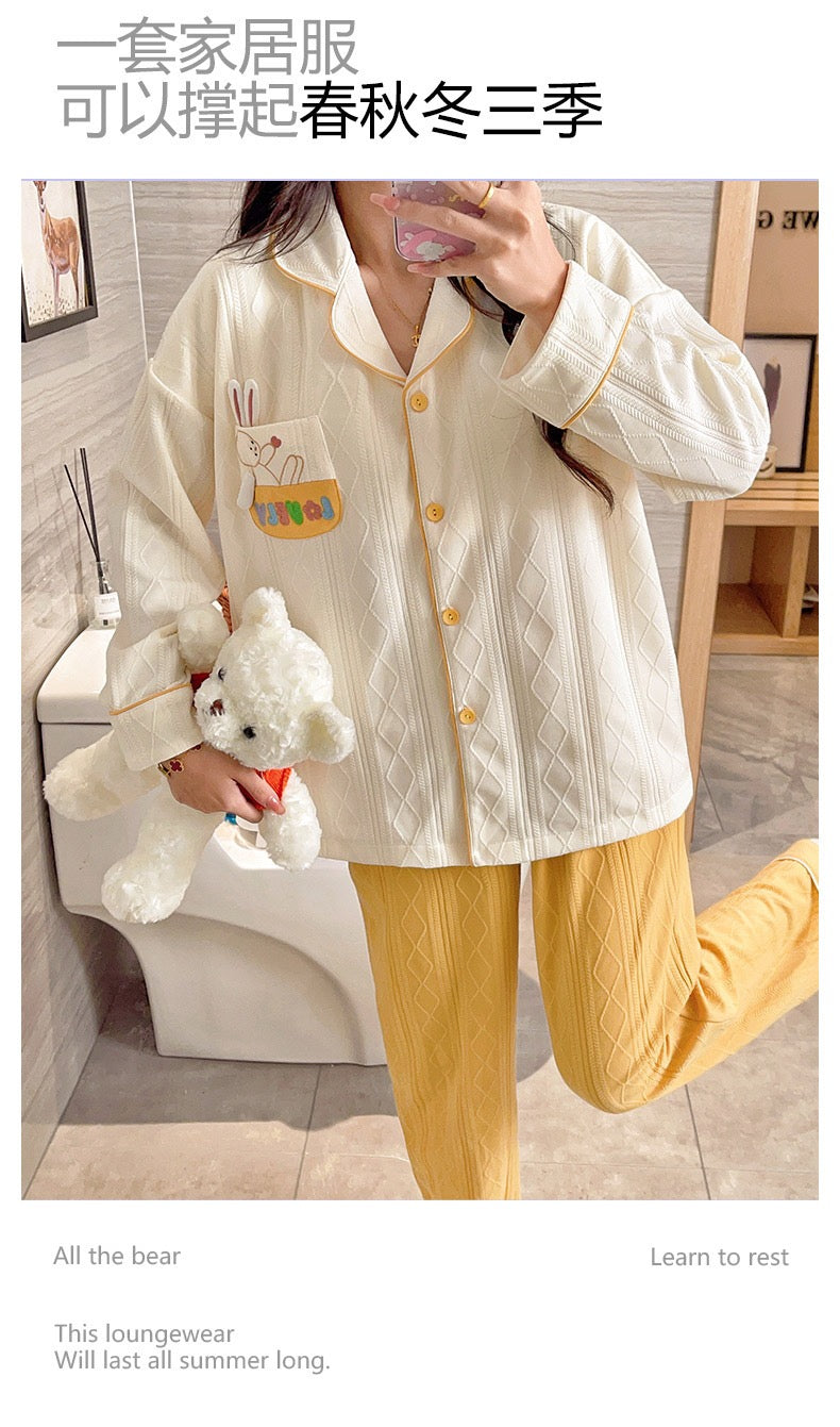 Built-in-Bra Cozy Bunny Pocket Cotton Nightsuit Set – Soft Full Sleeve Homewear (2-Piece Set)