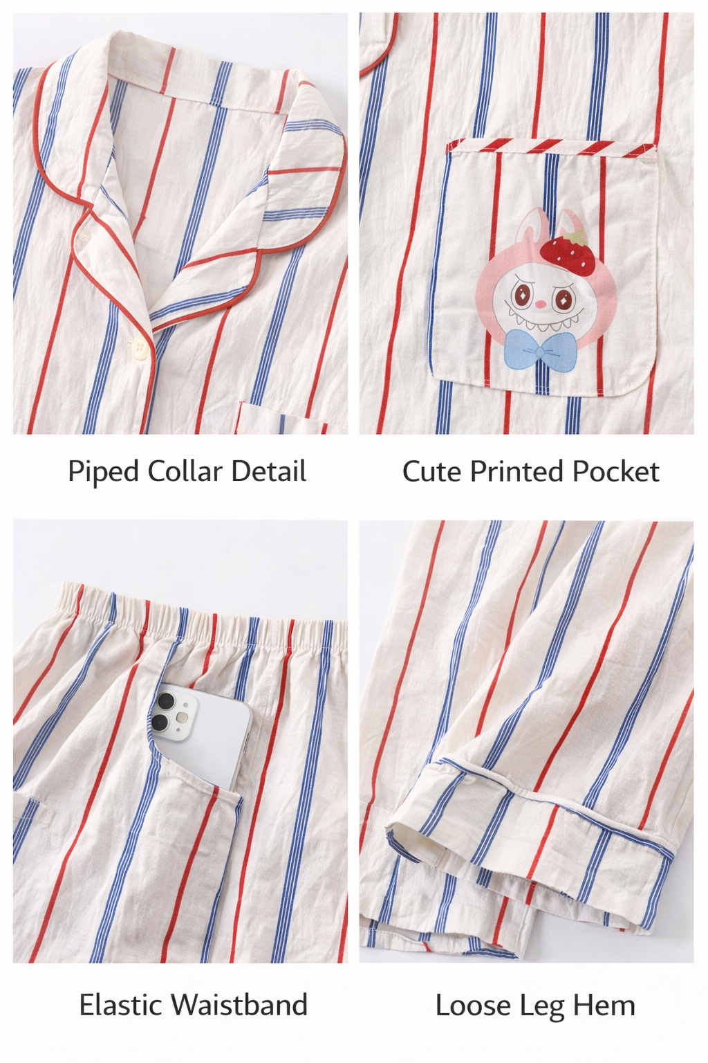 Built-in-Bra Strawberry Bunny Striped Cotton Crepe Nightsuit Set