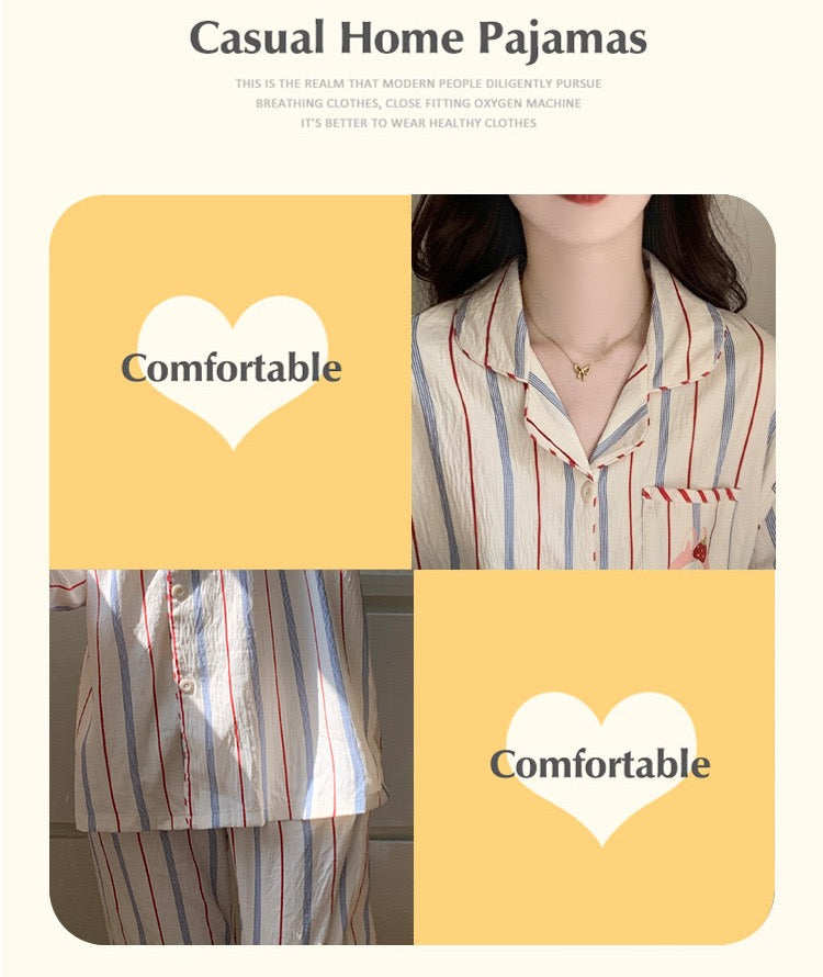 Built-in-Bra Strawberry Bunny Striped Cotton Crepe Nightsuit Set