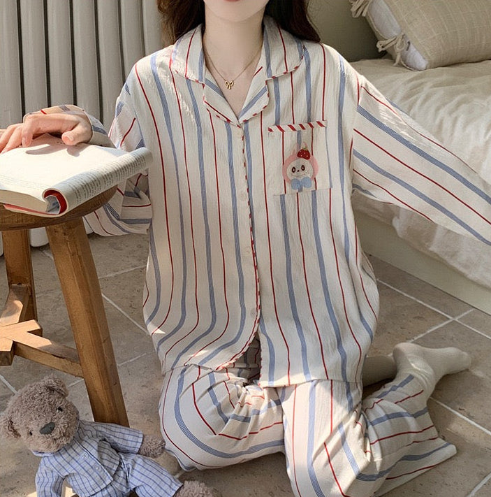 Built-in-Bra Strawberry Bunny Striped Cotton Crepe Nightsuit Set