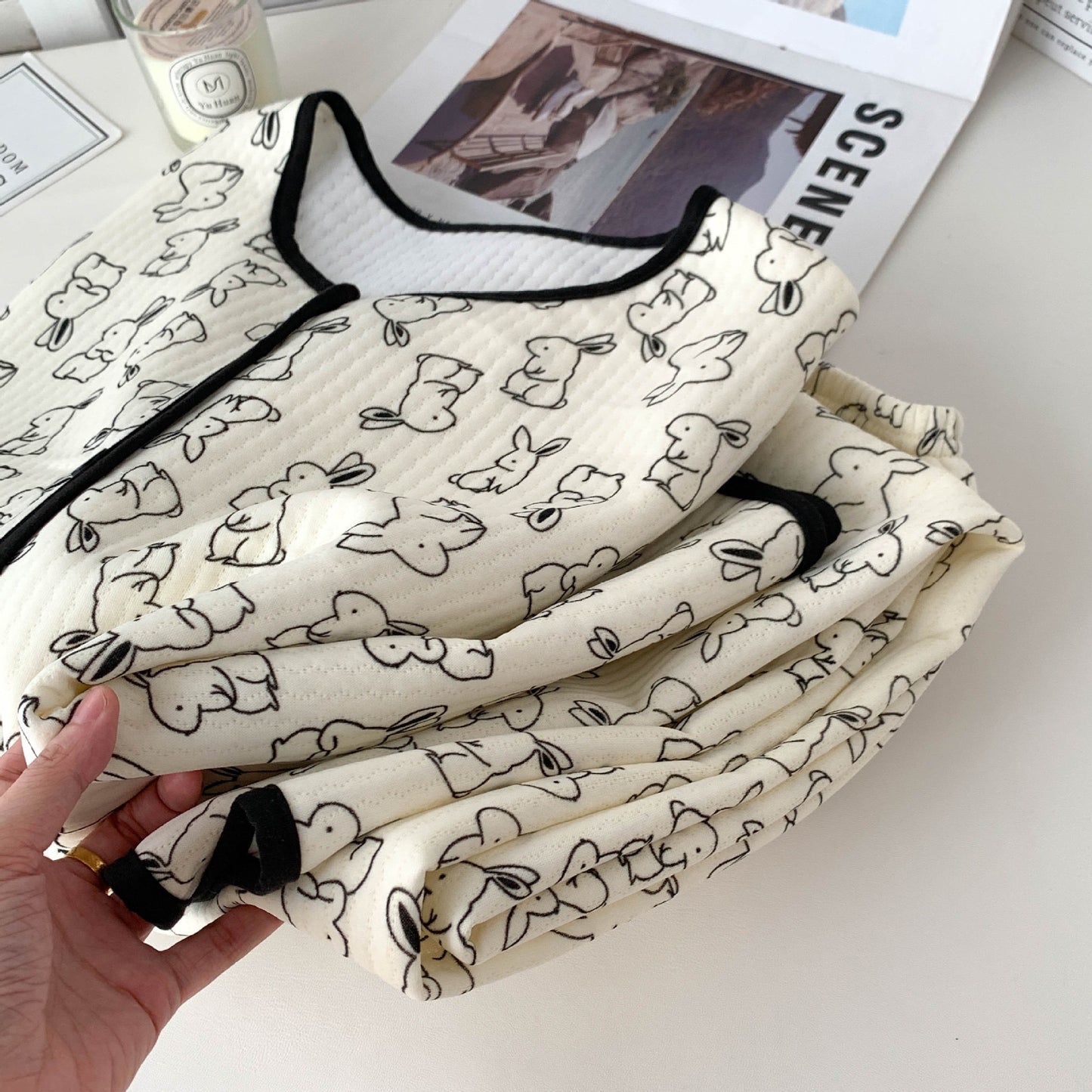 Korean Style Winter Air Cotton Pajama Set – Cute Bunny & Bear Print Cozy Homewear