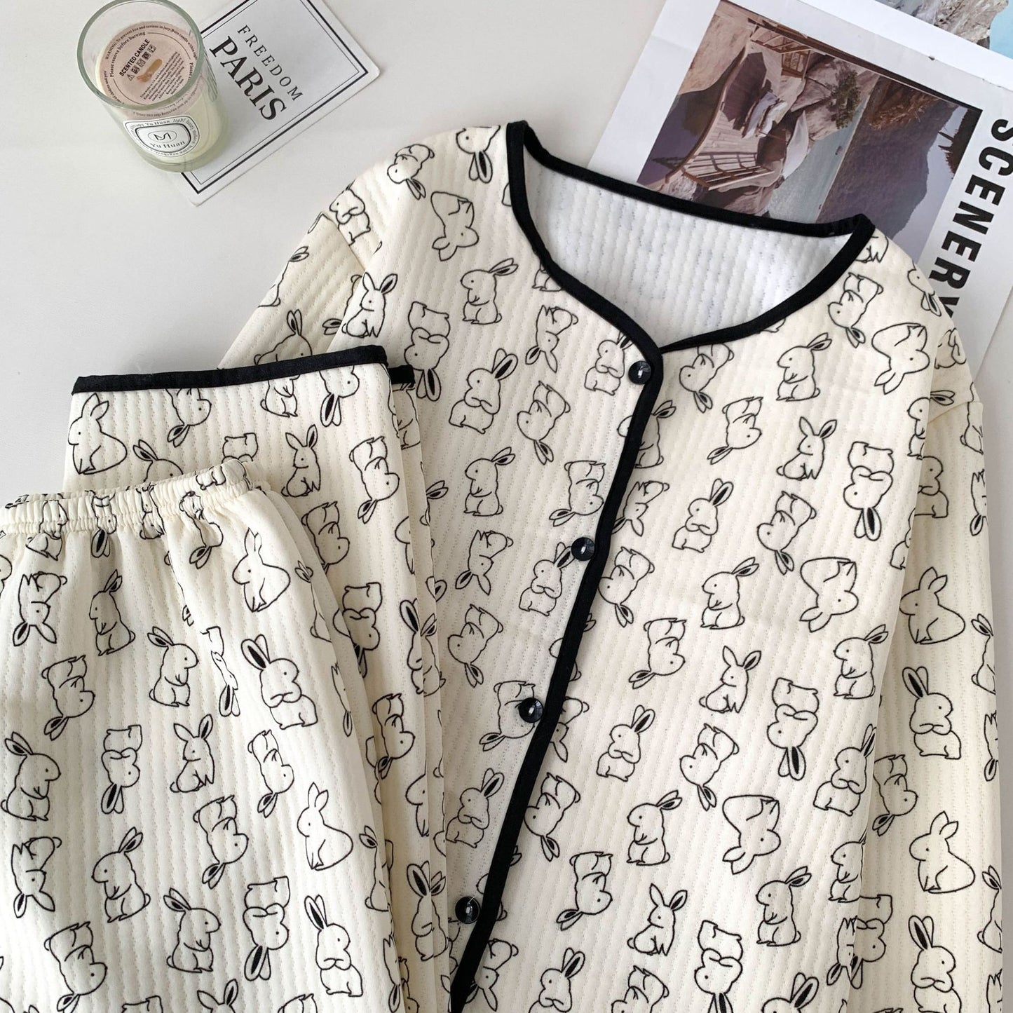 Korean Style Winter Air Cotton Pajama Set – Cute Bunny & Bear Print Cozy Homewear