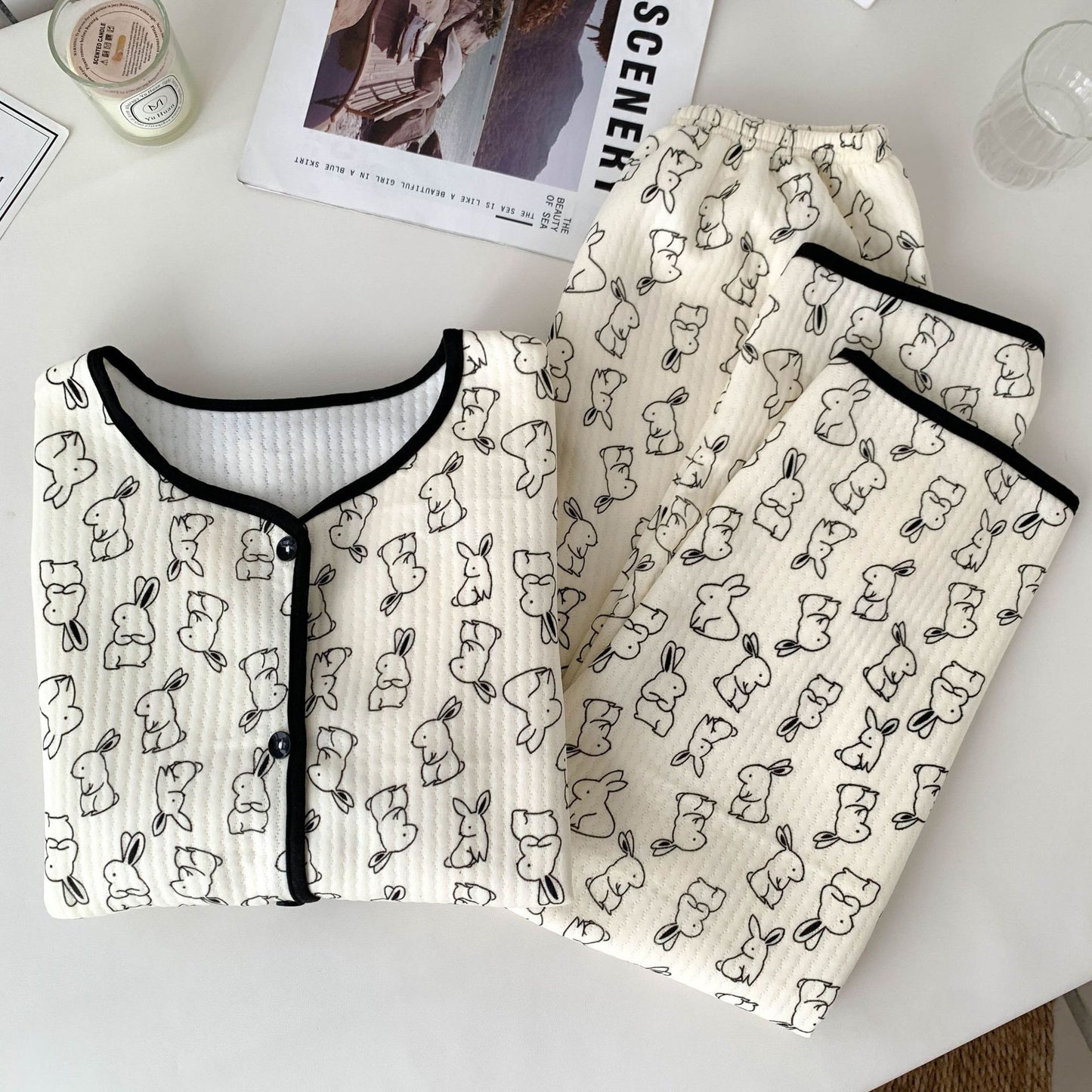 Korean Style Winter Air Cotton Pajama Set – Cute Bunny & Bear Print Cozy Homewear