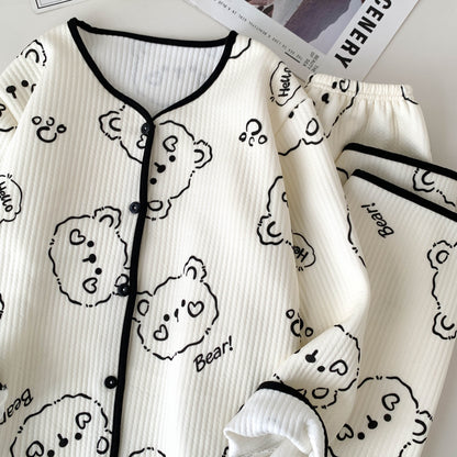 Korean Style Winter Air Cotton Pajama Set – Cute Bunny & Bear Print Cozy Homewear