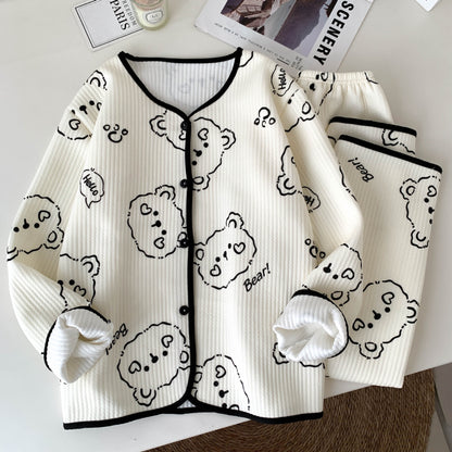 Korean Style Winter Air Cotton Pajama Set – Cute Bunny & Bear Print Cozy Homewear