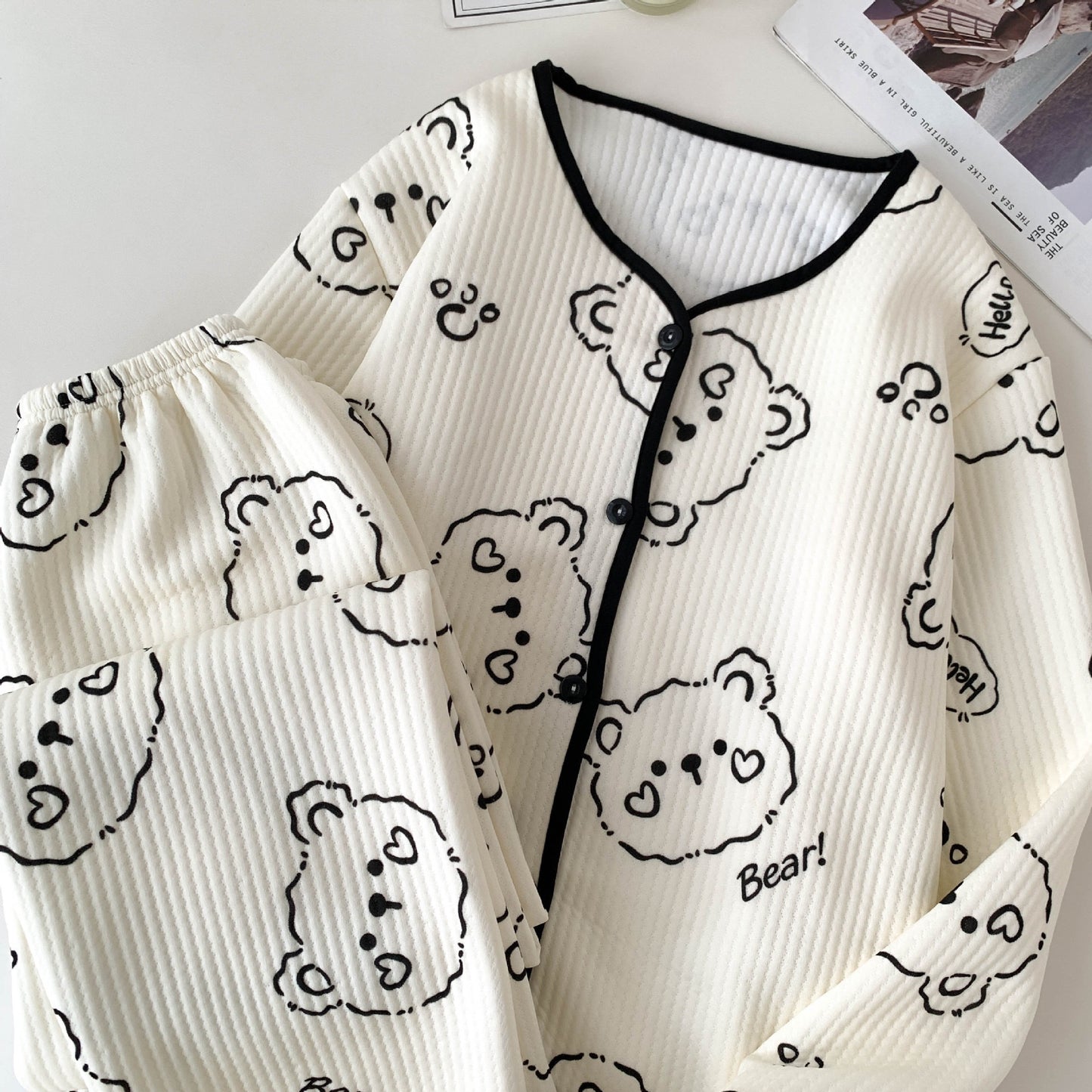 Korean Style Winter Air Cotton Pajama Set – Cute Bunny & Bear Print Cozy Homewear