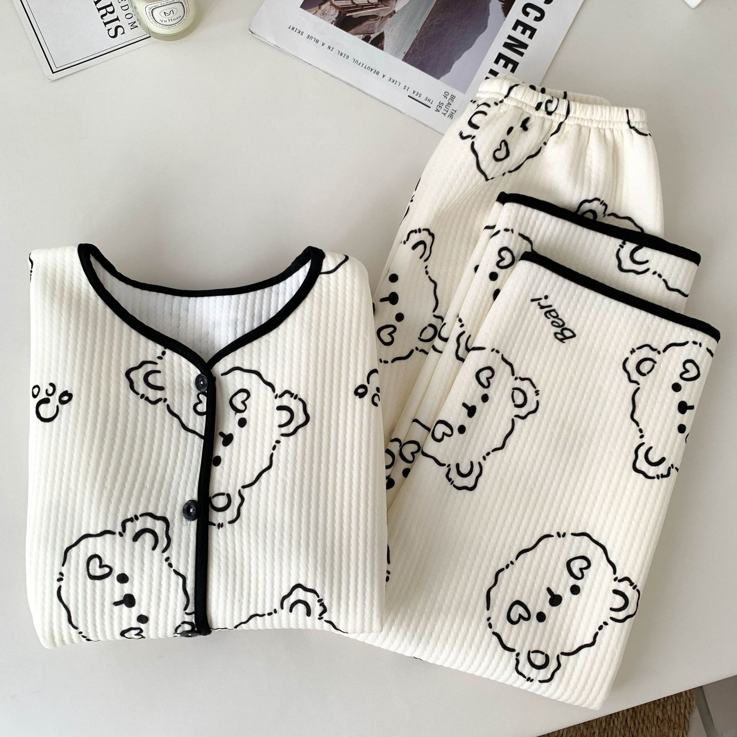 Korean Style Winter Air Cotton Pajama Set – Cute Bunny & Bear Print Cozy Homewear